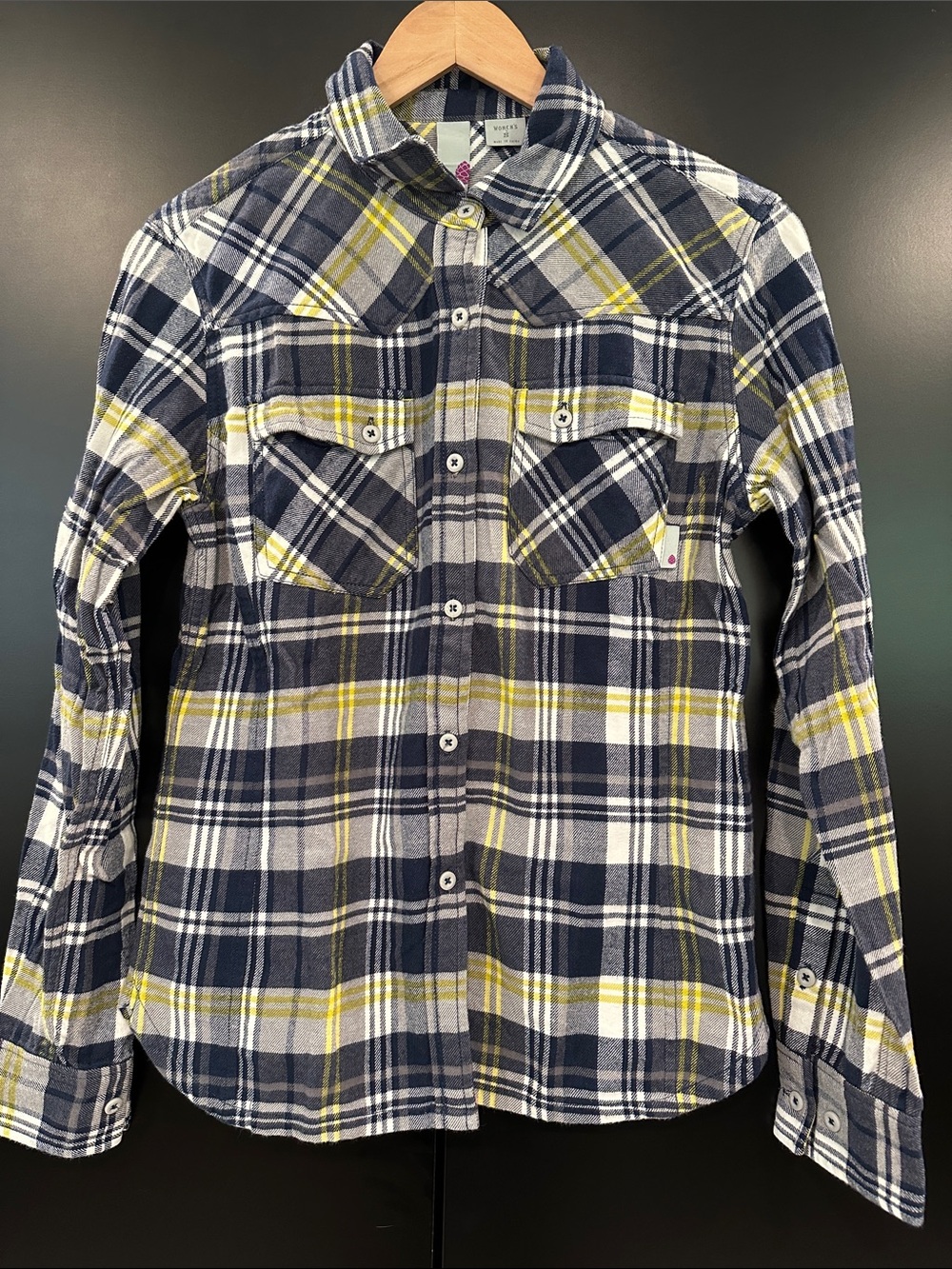 Stio Womens Plaid‎ Flannel Button Down Shirt Navy Yellow Western Yoke Small